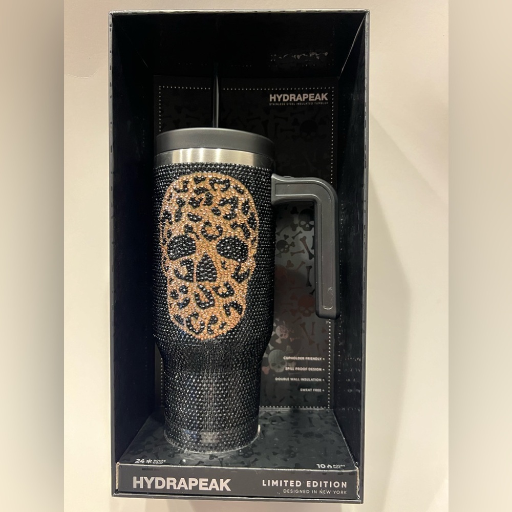 New … Hydrapeak black rhinestone skull water bottle, coffee cup Limited edition